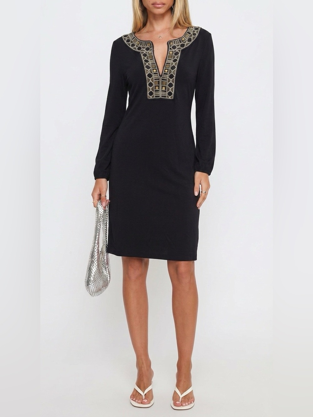 Tory Burch Black Long-Sleeve Dress with Gold Embroidered Placket
